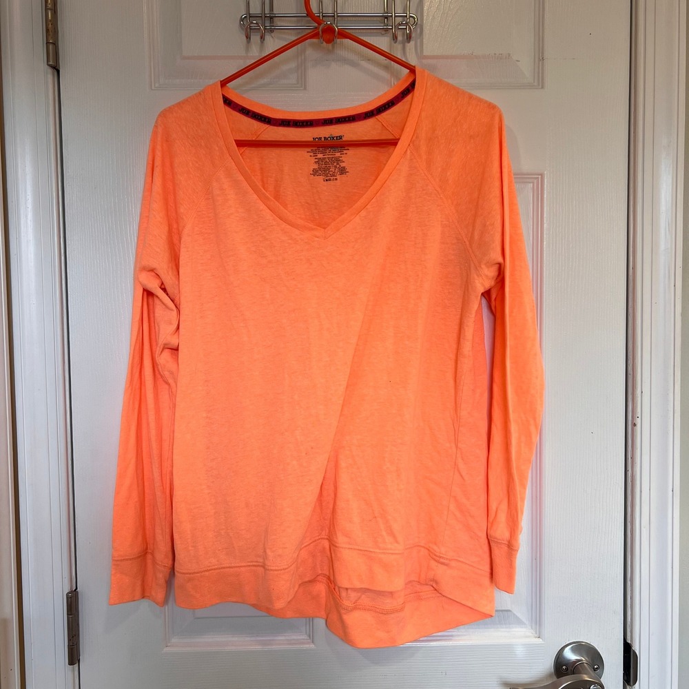 Joe Boxer Womens Neon Orange Heathered V-Neck‎ Long Sleeve Top Large Raglan Hem